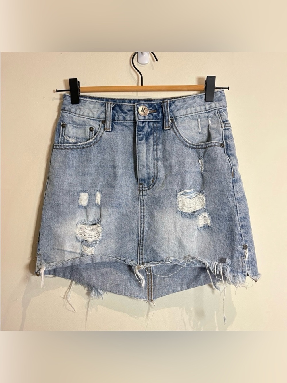 One Teaspoon Light Blue Distressed High-Low Denim Skirt
